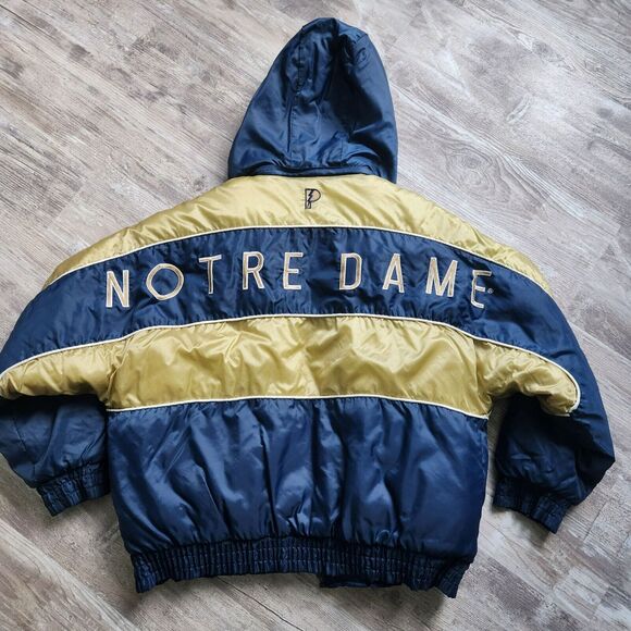 Vintage Notre Dame Puffer REVERSIBLE Bomber Varsity Jacket Hood Embroidered Logo